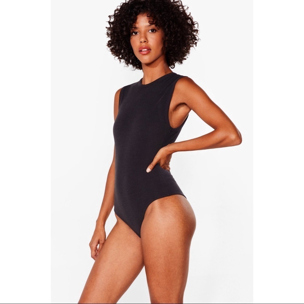Nasty Gal Black Recycled Sleeveless Ribbed Crew Neck High Leg Bodysuit NWT Sz 2